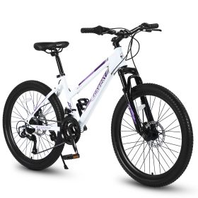 S24103  24 Inch Mountain Bike For Teenagers Girls Women, Shimano 21 Speeds With Dual Disc Brakes And 100mm Front Suspension, White-Pink (Color: White)